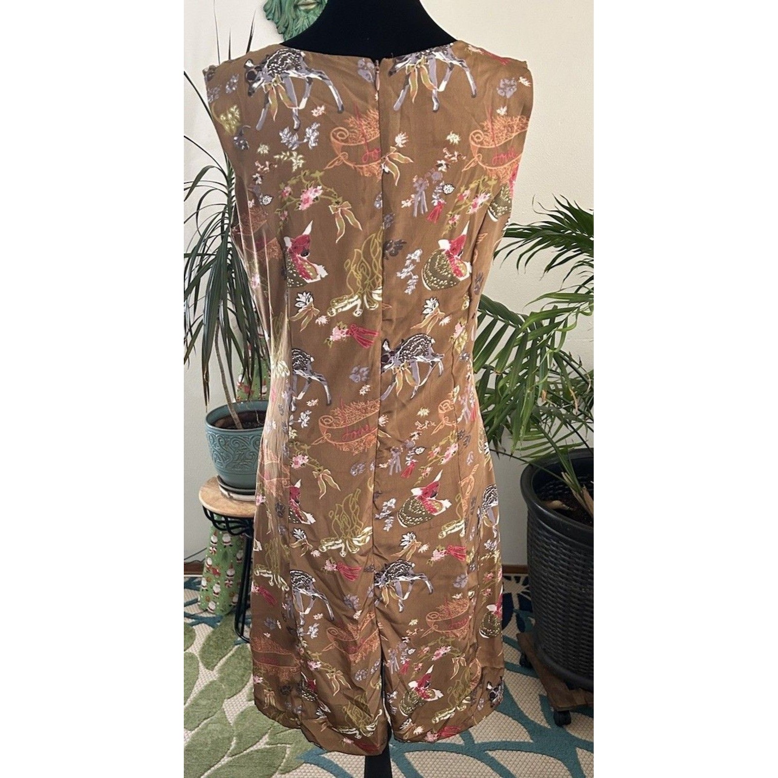 Frock Shop Silk Blend Midi Dress Brown Fairycore Woodland Print Sleeveless Sizem — image 3 of 8